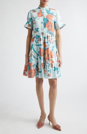 Erdem Floral Print Tiered Cotton Dress in Trailing Poppy Dream Blue at Nordstrom, Size 6 Us
