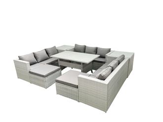 Fimous Rattan Garden Outdoor Furniture Set 11 Seater Garden Sofa Rectangulr Dining Table Set with 2 Big Footstools 2 Side Tables Light Grey Mixed