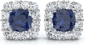 Pompeii3 1 1/2Ct Blue Sapphire & Diamond Cushion Halo Studs 14k Gold Earrings Lab Grown