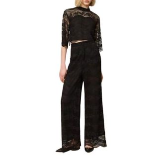 Twinset Wide Trousers, female, Black, Size: XS Macram&eacute; Lace Wave-Pattern Trousers