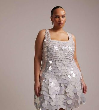Asos Curve ASOS DESIGN Curve - Vestito corto da sposa con scollo squadrato e paillettes a disco grande-Bianco