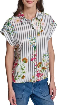 Karl Lagerfeld Floral & Stripe Button-Up Shirt in Soft White/midnight Navy Combo at Nordstrom, Size X-Large