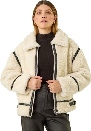 Roman Womens Borg Aviator Coat - Cream - Size 14 UK