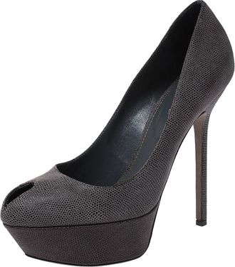 Sergio Rossi Grey Textured Leather Peep Toe Platform Pumps
