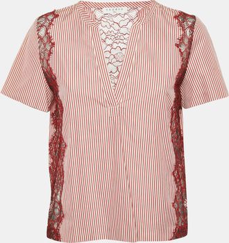 Sandro Red Stripe Cotton Lace Trimmed Top
