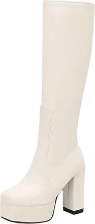 Generic Women Knee High Pu Leather Boots Square Toe Thick Heel Elegant Casual Winter Boot