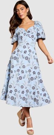 Coast Puff Sleeve Embroidered Midi Dress in Blue at Nordstrom, Size 4