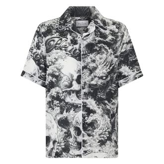 Philipp Plein Overhemden, Heren, Zwart, M, Linnen, Linnen Bowling Shirt All-Over Ceramic