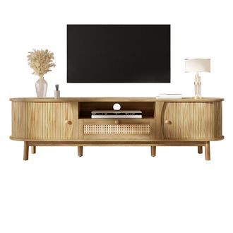 STILVORA Mueble De Tv Con Puertas Correderas Y 2 Cajones De Rat&aacute;n, Estilo R&uacute;stico, En Mdf, 165&times;37&times;46 Cm, Natural