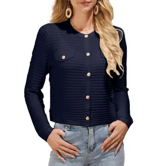 Grace Karin Womens Button Cardigan Long Sleeve Crew Neck Knitwear Summer Sweater Cardigans Navy Blue XXL
