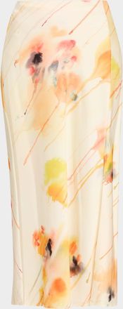 Jason Wu Washed Satin Floral-Print Midi Skirt