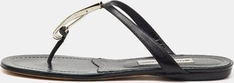 Manolo Blahnik Black Leather Flat Thong Sandals