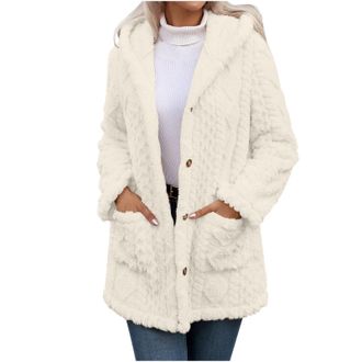Generic Ladies Fleece Jacket Sherpa Warm Fluffy Thicken Button Down Winter Hooded Coats Soft Cozy Long Sleeve Thermal Plush Outwears with Pockets