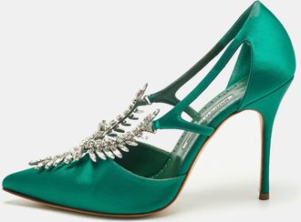 Manolo Blahnik Green Satin Lala Pumps