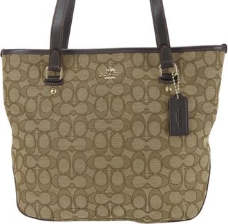 Coach Beige Brown Canvas Leather Tote Bag (Pre-Owned)