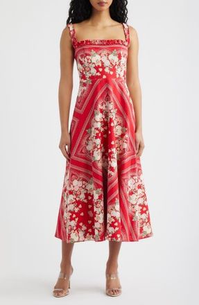 Wayf Arabella Floral Linen Blend Midi Dress in Red Scarf at Nordstrom, Size X-Small