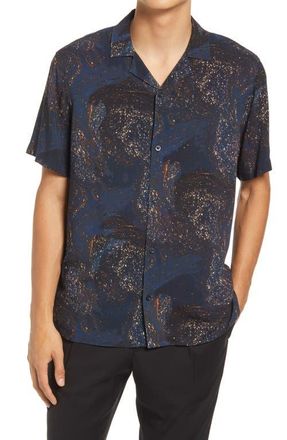 Open Edit Galaxy Print Short Sleeve Button-Up Shirt in Navy- Multi Galaxy at Nordstrom, Size Xx-Large