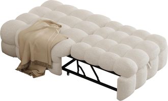 STILVORA Banqueta Convertible 1 Plaza 2-en-1 En Tejido Teddy Con Reposapi&eacute;s, Asiento Acolchado Suave Y Ahorro De Espacio, Beige