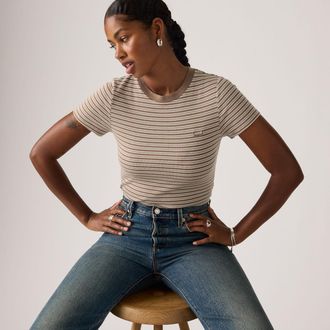Levi's Essential Housemark Tee - Womens - XS - Beige / Mila Stripe Pine Bark
