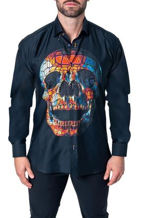 Maceoo Fibonacci Skull Prizm Cotton Button-Up Shirt in Black at Nordstrom, Size Xx-Large