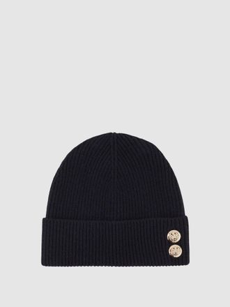 Reiss Navy Merino Wool Blend Button Beanie With Cashmere