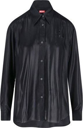 Diesel Laminated Black Shirt With Classic Collar And Embroidered Logo