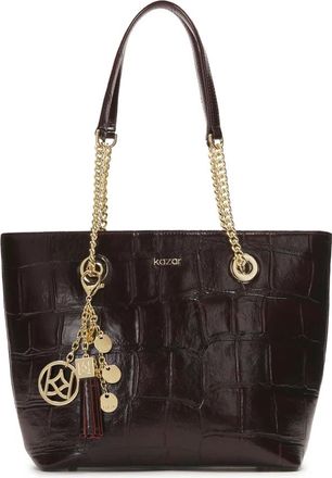 Kazar Elegante bordeauxrode handtas met reli&euml;fpatroon - Dames - Shoppers - Bruin - ONE Size - Leer - Tassen