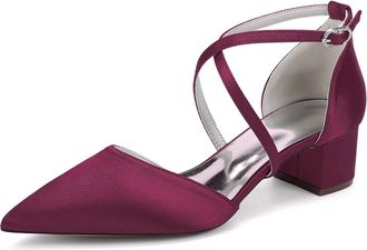 Generic Women Satin Chunky Bridal Shoes Low Wedding Heels Cross Strappy Wedding Evening Dress Shoes Pumps 4.5Cm,Burgundy,10 UK