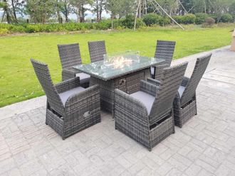 Fimous Rattan Outdoor Garden Furniture Gas Fire Pit Dining Table Gas Heater Burner Table & Chair Sets 6 Seater in Dark Grey