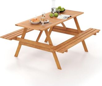 Costway Juego de Mesa de Picnic para 6 Personas, Mesa de Jardín Rectangular con 2 Bancos Incorporados, con Estructura de Madera Resistente, Orificio para