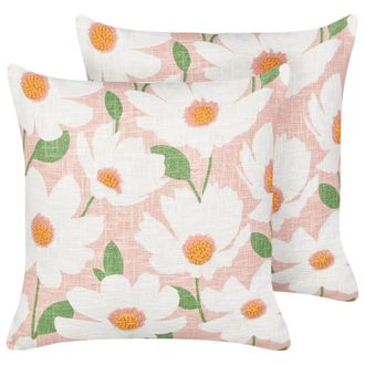 Beliani Beliani - Conjunto De 2 Cojines Boho De Algod&oacute;n Con Dise&ntilde;o Floral Hecho A Mano Funda Extra&iacute;ble 45 X 45 Cm Rosa Jatropha