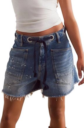 Free People We The Free Moxie Barrel Shorts Womens Blue Denim Cut-Off GBO3937