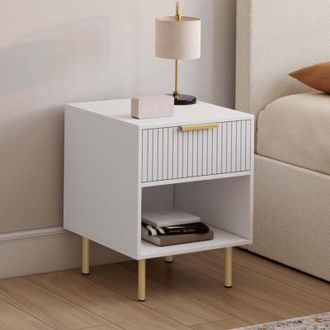 IDMarket Lote de 2 mesillas de noche MARCEL de 1 cajón con hornacina efecto lamas blancas y doradas