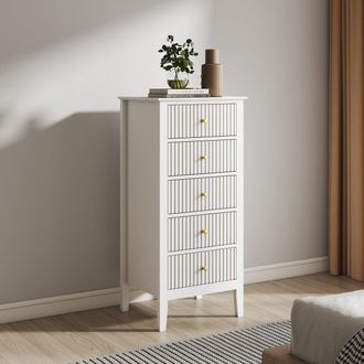 Melody Maison Tall 5 Drawer Bedside Table - Hales White Range in Beige