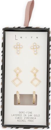 Leith 3-Pack Faux Pearl Cross Earrings in Clear- White- Gold at Nordstrom Rack