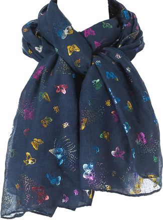 World of Shawls New Butterfly Print Ladies Celebrity Style Scarves Maxi, Scarf, Wrap, Sarong, shawls (New Multi Colour Glitter Navy Blue)