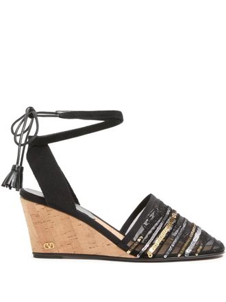 Valentino Garavani 75mm La Cruisette sequin-detailed wedge-heeled sandals - women - Cotton/Viscose/Calf Leather/Viscose/Cotton/Calf Leather - 42