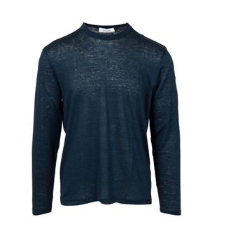 Gran Sasso Long Sleeve Tops, male, Blue, Size: 3XL Linen Crew Neck Long Sleeve Top