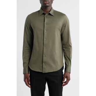 Emporio Armani Solid Cotton Piqué Button-Up Shirt in Solid Medium Green at Nordstrom, Size Xxx-Large