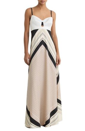 Reiss Myra Print Tie Back Maxi Dress in Ivory/Black at Nordstrom, Size 0 Us