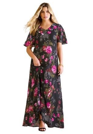 Roaman's Plus Size Hand Crinkled Flutter-Sleeve Maxi Dress in Black Painted Floral at Nordstrom, Size 32P