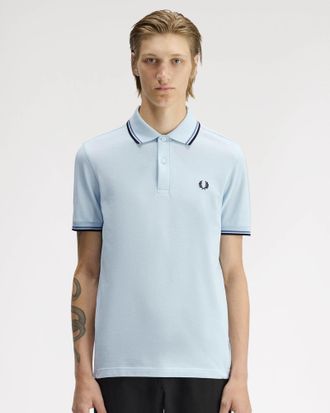 Fred Perry Twin Tipped Signature Mens Polo Shirt - Light Ice/Ace Blue/Navy 96A in Grey Cotton - Size X-Large