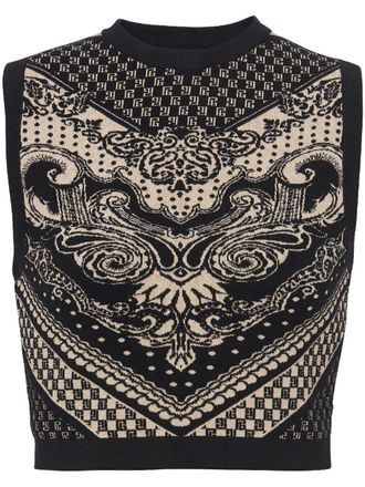Balmain patterned intarsia-knit crop top - women - Viscose/Merino/Polyamide/Spandex/Elastane - 38 - Black