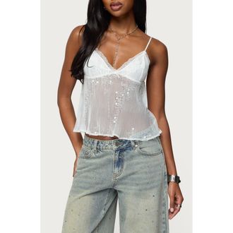 Edikted Sheer Sequin Mesh Babydoll Camisole in White at Nordstrom, Size X-Small