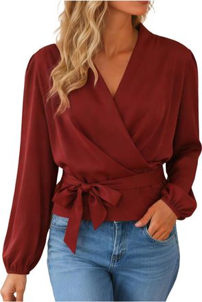 Generic Womens Satin Blouse Long Sleeve Collar V Neck Wrap Top with Adjustable Tie Waist Peplum Tunic Shirts Elegant Solid Color for Women Daily Wear Wine