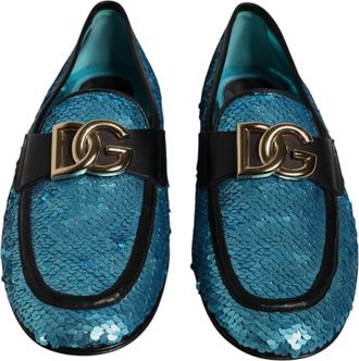 Dolce & Gabbana Mens Blue Sequined Loafers Formal Dress Shoes Pe Polyester Leather