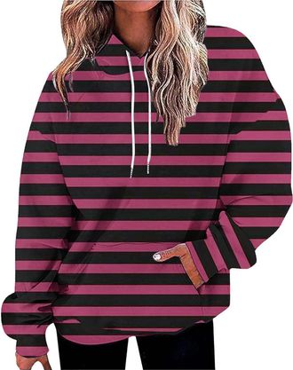 Generic of The Day Sale Tunic Sweatshirt for Women UK Womens Oversized Hoodies Striped Plus Size Sweatshirts Long Sleeve Sweaters Pullover Fall (Wine, XXXXL)