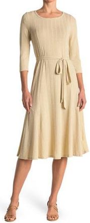 Nina Leonard Three-Quarter Sleeve A-Line Metallic Ribbed Midi Dress in Gold/gold at Nordstrom Rack, Size X-Large