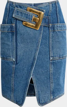 Balmain Belted Wrap Denim Mini Skirt