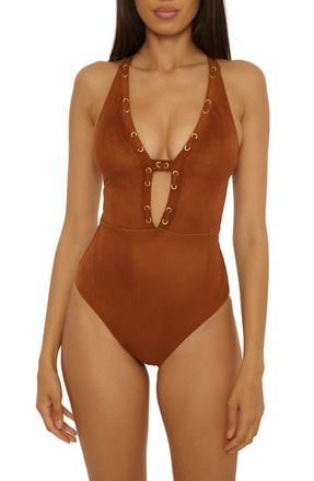 Lucky Brand Montauk Faux Suede One-Piece Swimsuit in Almond at Nordstrom, Size Medium